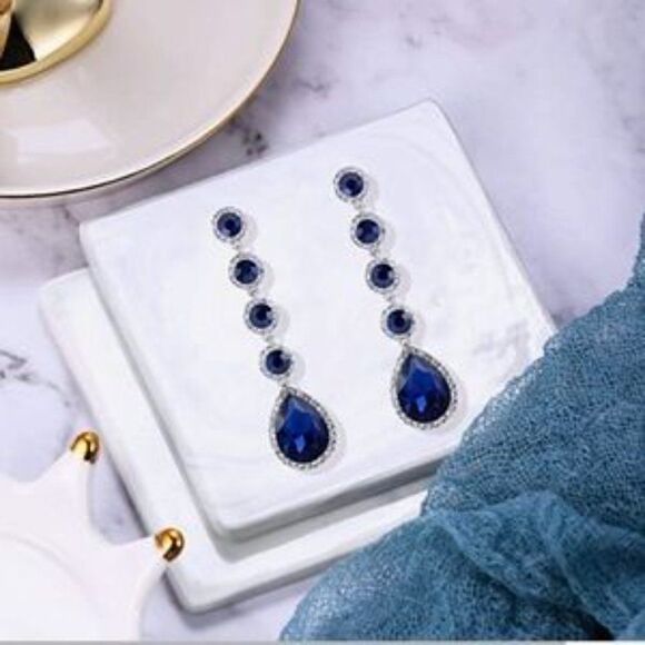 New Elegant Blue Silver Chandelier Earrings - Picture 2 of 5